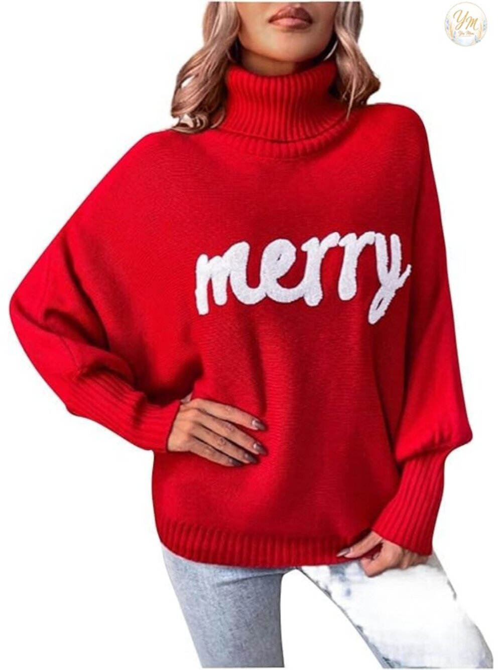 Women's Oversized Turtleneck Christmas Sweater, Batwing Sleeve Pullover, 50%